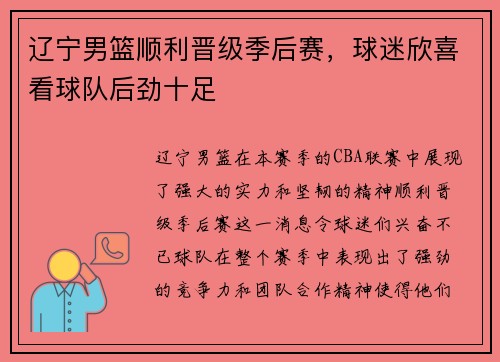 辽宁男篮顺利晋级季后赛，球迷欣喜看球队后劲十足